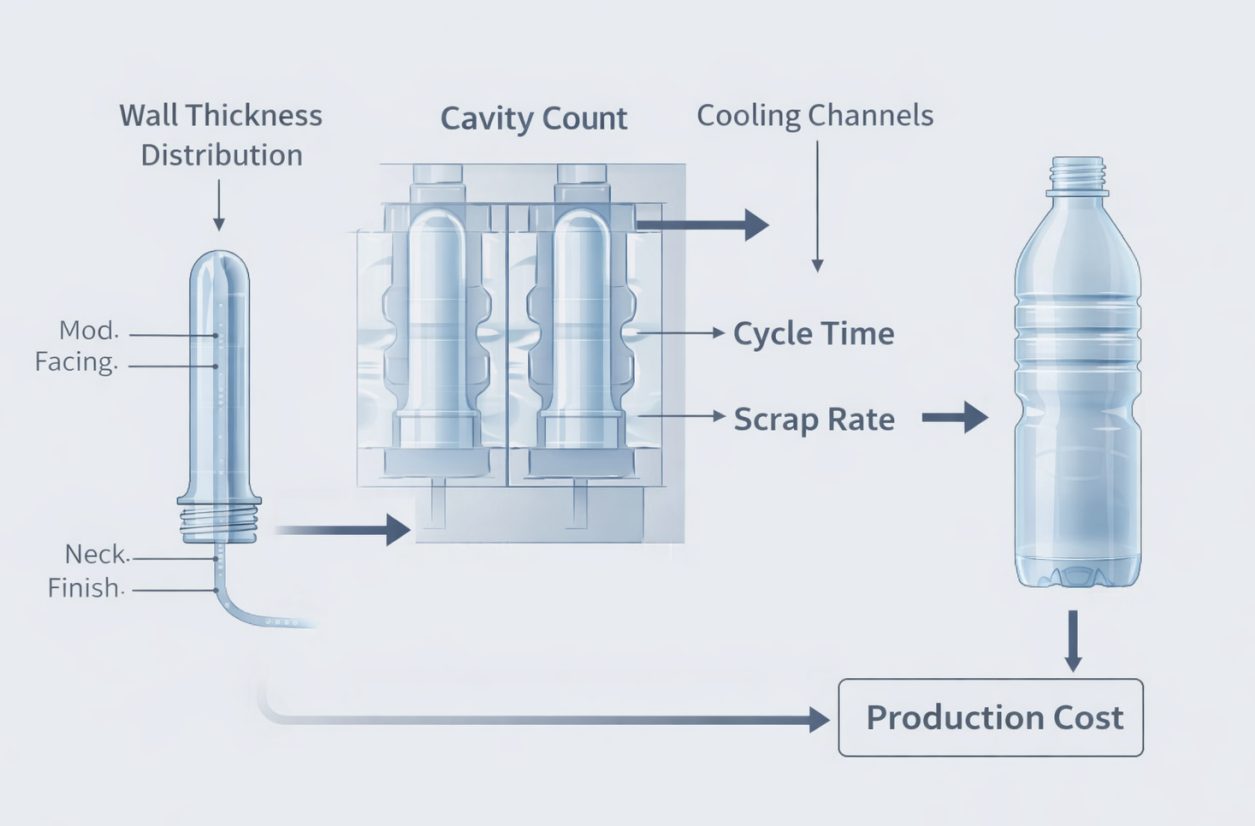Diagram showing how PET preform design, cavity count, and cooling affect cycle time and scrap rate