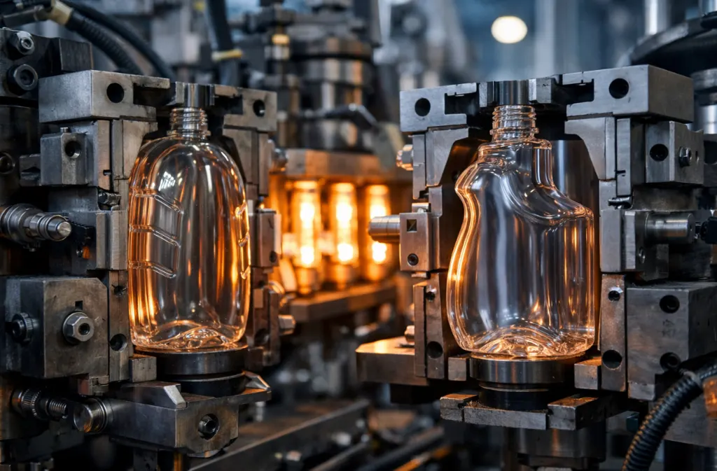 PET bottle blowing process for complex non-round bottle shapes in industrial production