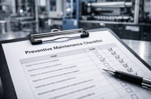 PET injection mold preventive maintenance checklist on a clipboard for daily and weekly scheduling
