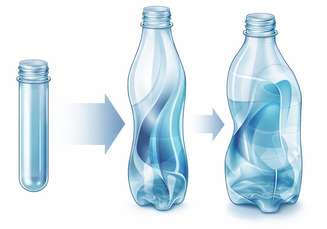 PET preform material distribution during stretch blow molding for complex bottle shapes