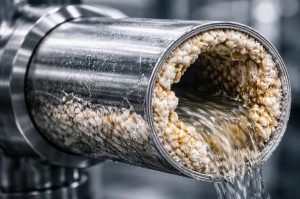 cross-section of an injection mold cooling channel showing heavy mineral scale buildup blocking water flow