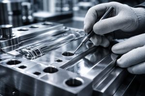technician performing precision maintenance on a polished S136 steel PET injection mold in a clean workshop