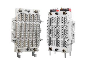 The image shows two views of a complex industrial injection mold with multiple cavities and precision components