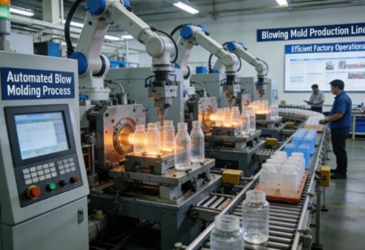 Automated blow molding process producing plastic bottles on a production line.