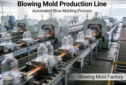Automated blow molding production line producing plastic bottles in a factory.