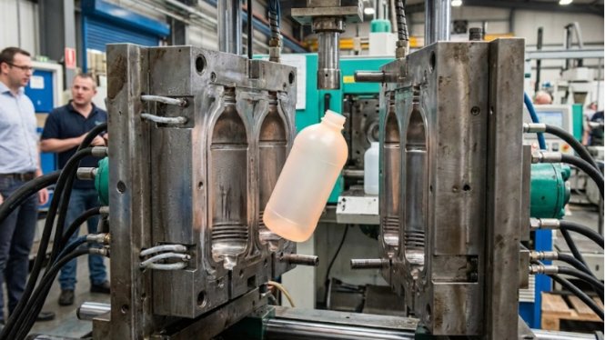 Blow molding machine ejecting plastic bottle.