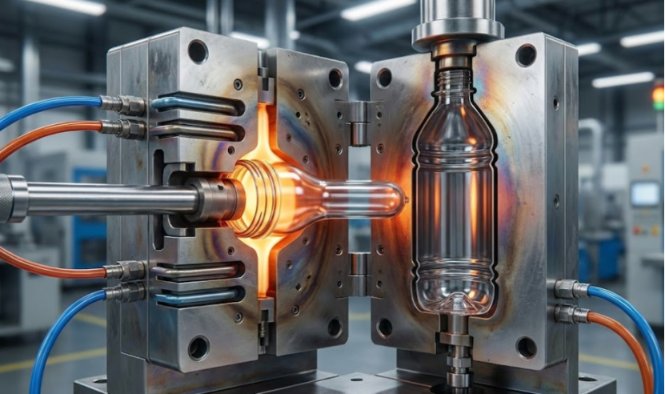 Cinematic cross-section of a PET bottle blow molding machine.