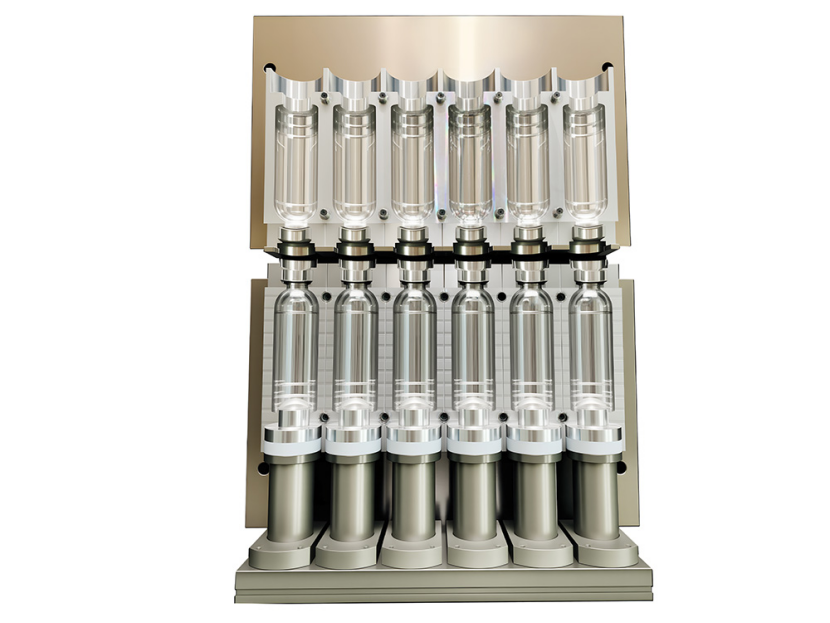 Close-up of a multi-cavity blow molding machine