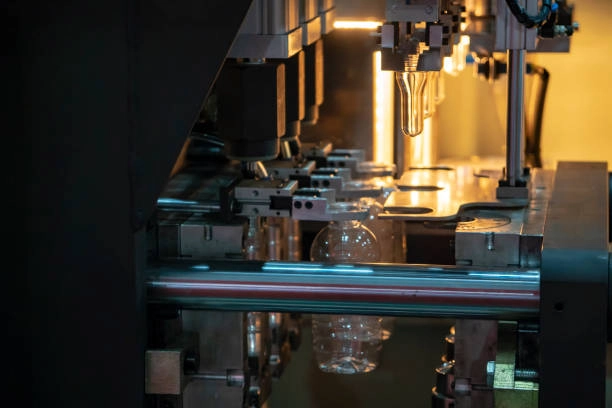Close-up view of a blow molding machine producing plastic bottles