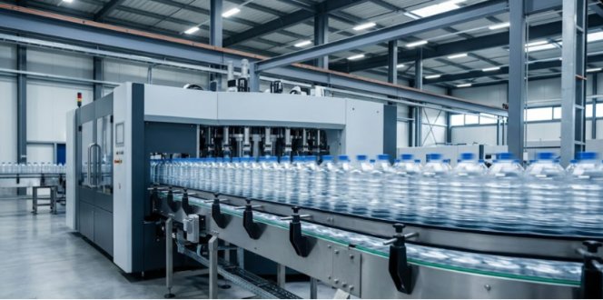 High-speed PET bottle blow molding production line.