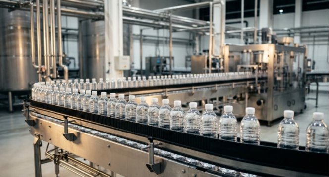 Plastic bottles on a conveyor belt in a production facility.