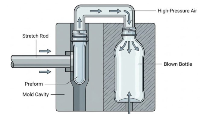 Technical schematic diagram of the PET blow molding process.