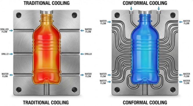 Traditional vs. conformal blow mold cooling comparison.