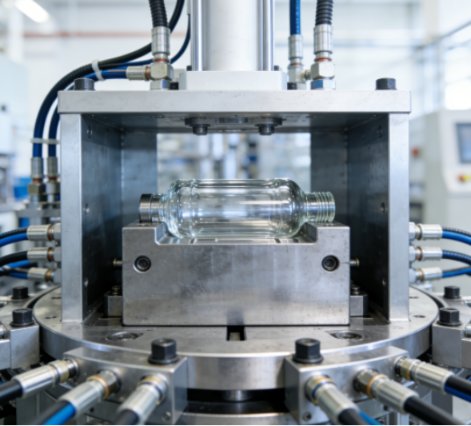 Clear PET bottle inside a blow molding machine fixture.