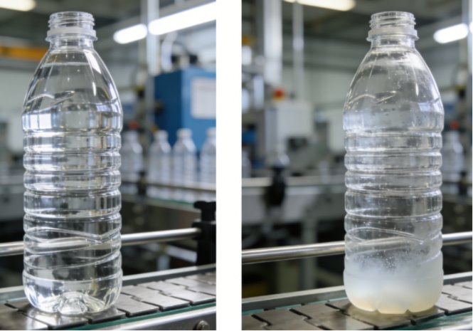 Clear PET bottle next to a defective bottle with a whitened base.