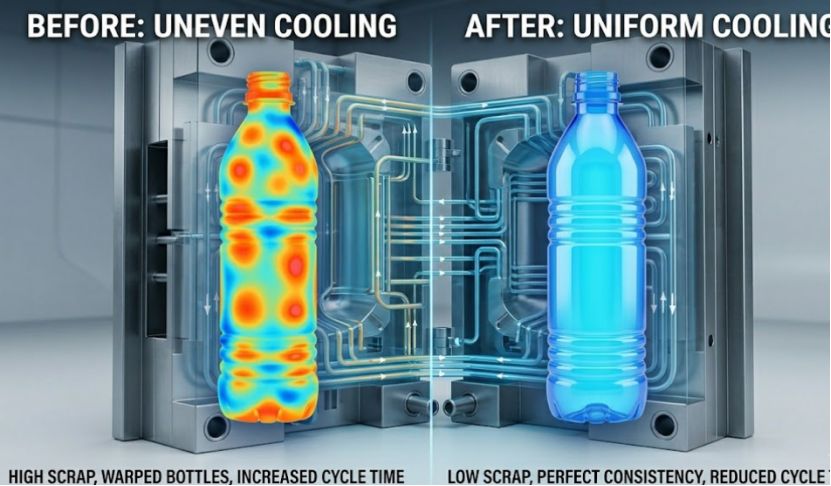 Contrast between uneven and uniform blow mold cooling.