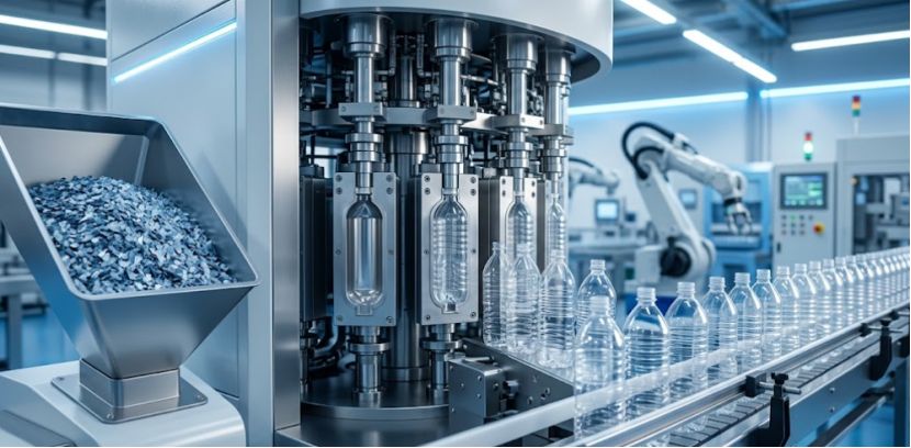 Industrial machine making PET preforms into bottles.