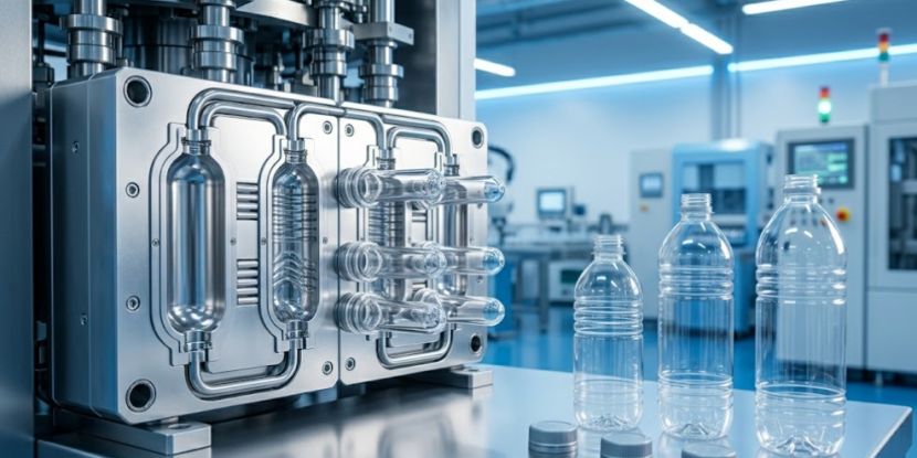 Precision steel blow mold showing multiple preform cavities.