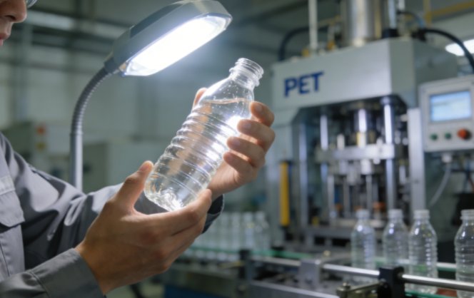 Quality control worker inspecting a clear PET bottle under a bright light.
