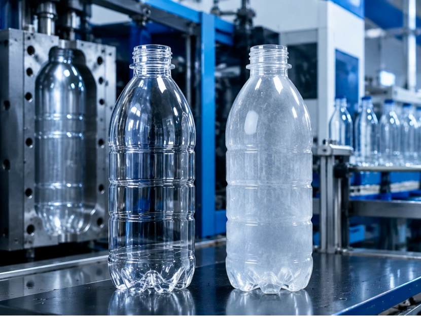 Industrial bottle production line close-up