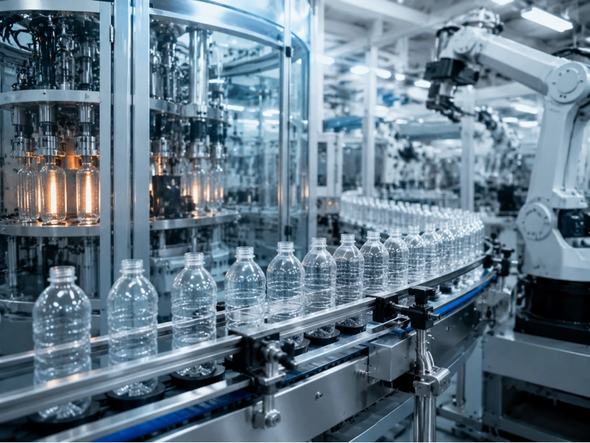 PET bottle production line inside a clean factory